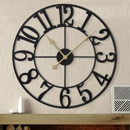 HAITANG Large Vintage Wall Clock, round, metal silent (no ticking), battery-powered, 40cm, 16 inch Roman numerals, clocks for living room, bedroom, kitchen wall clock decoration (Black Arabic numerals, 100 cm)