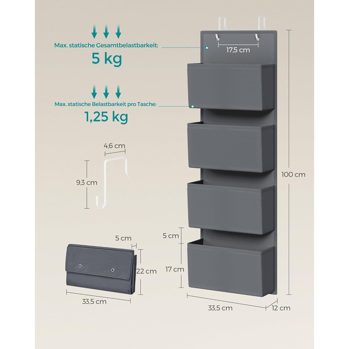 Органайзер для шафи SONGMICS з 4 кишенями, навісна полиця, органайзер для гардеробу, навісне зберігання, органайзер для дверей, спальня, вітальня, 2 x 33,5 x 00 см, RDH04G (2, сірий шифер)