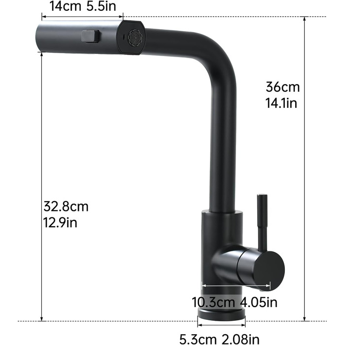 Кухонний змішувач AIMADI висувний, чорний, з 3-сторонньою душовою насадкою, 38 см шланг, однорідний міксер для холодної та гарячої води, для раковини та кухонного острова, водоспад, чорний
