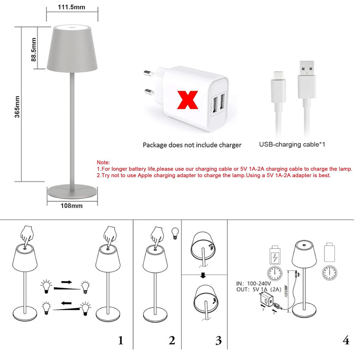 LED-лампа Klighten 2 шт. на акумуляторі, сірого кольору, диммування, бездротова, перезаряджувана, тепле світло 3000K, для дому та вулиці, USB-C, алюміній, IP54, вологостійка, сіра