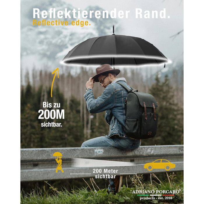 Стійкий до вітру парасолька: великий парасолька Ø120см з відбиваючим краєм, 12 спиць, з чохлом, оливковий - для чоловіків та жінок