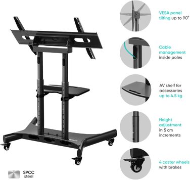 ONKRON Mobile TV Stand with Wheels - Adjustable Height & Tilt for 32-70 inch TVs up to 45kg, VESA 600x400 - Black TS1350-B