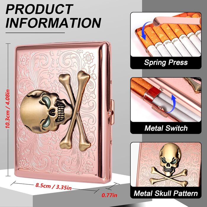 Металеве тютюнотримач вінтажний для жінок та чоловіків, на 18-20 сигарет (100 мм), з дизайном черепа та троянди