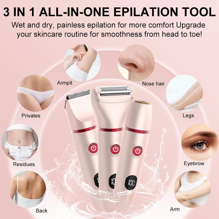 Електричний жіночий тример 3-в-1 для тіла, інтимної зони, IPX6 водонепроникний, для мокрого та сухого використання, тример/епілятор/бритва (Рожевий)