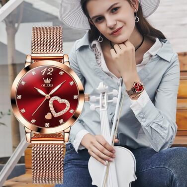 Годинник жіночий OLEVS Roségold з серцем-діамантом, чорно-білий циферблат, кварц, водонепроникний, комплект з браслетом