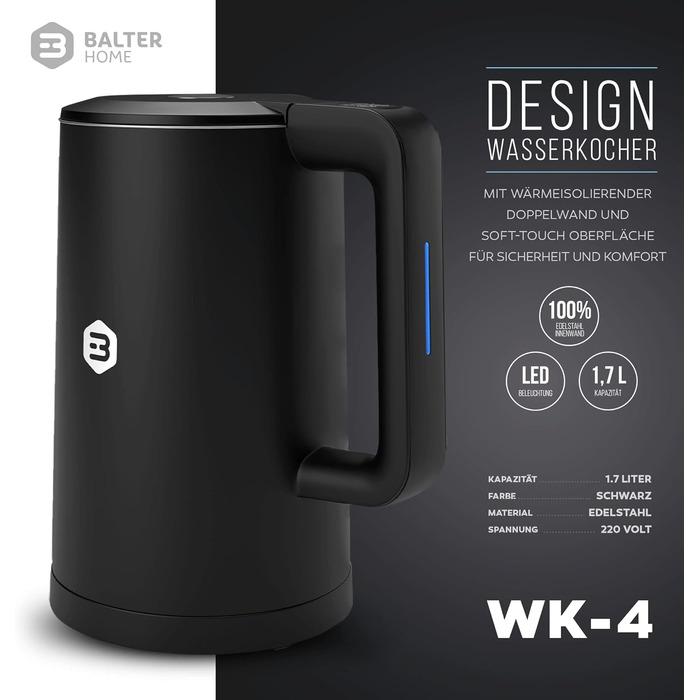 Balter Stainless Steel Electric Kettle with Temperature Control - 40°C to 100°C, Double Wall, BPA Free, 1.7L, 2200W, Quiet, Black