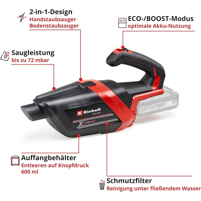 Акумуляторний пилосос ручний Einhell TE-HV 18/06 Li-Solo Power X-Change (18V, 72 мбар, насадки в комплекті, 0.6 л, без акумулятора)