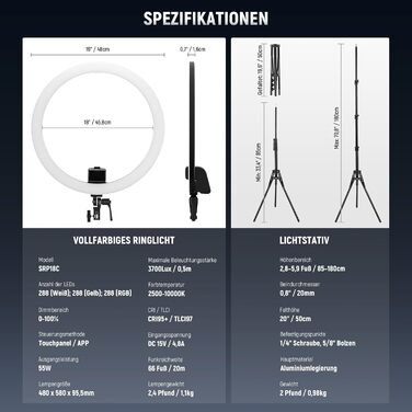 NEEWER кільцева лампа 20 дюймів LED з триподом та тримачем для телефону, 44 Вт 3200K-5600K з акумулятором, USB, для макіяжу, тату, вій, YouTube, TikTok, відеозйомки (SRP18C)