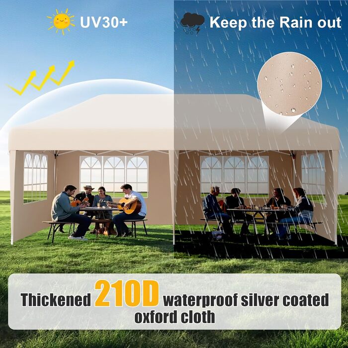 Devoko Gazebo, 2x2 Gazebo Waterproof, Stable, Winter-Proof, 3-Height Adjustable, Folding Gazebo UV Protection 50+, Folding Tent, Folding Canopy, Gazebo with Carry Bag, For Garden Outdoor Camping, (3*6m 6 Side Walls, Beige)