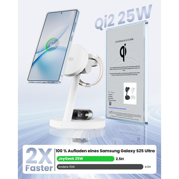 Магнітна індукційна зарядна станція 4 в 1 JoyGeek Qi2.2 25W для Samsung Galaxy S26/S25 Ultra, Z Fold/Flip 8, Galaxy Watch 8-5 Ultra та Buds 4-3 Pro, біла