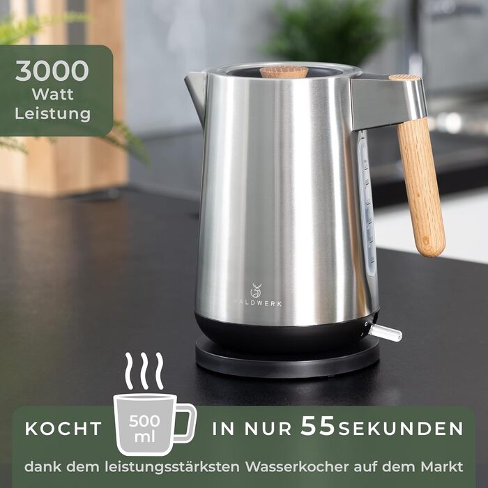 WALDWERK Design Kettle - 3000 Watts - 1.7L - Stainless Steel Kettle - Kettle with Genuine Oak Wood Handles and Rust-Resistant 304 Stainless Steel. Stainless Steel and Wood Kettle