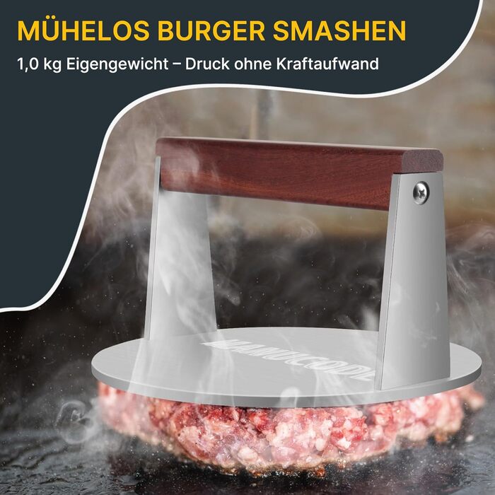 Прес для smash-бургерів із нержавіючої сталі, круглий, 17 см, 1000 г — Вага для стейків та бургерів