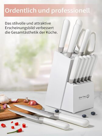 Набір кухонних ножів Qianying з блоком: 14 предметів, нержавіюча сталь, з точилкою, срібний колір, подарунок для мами