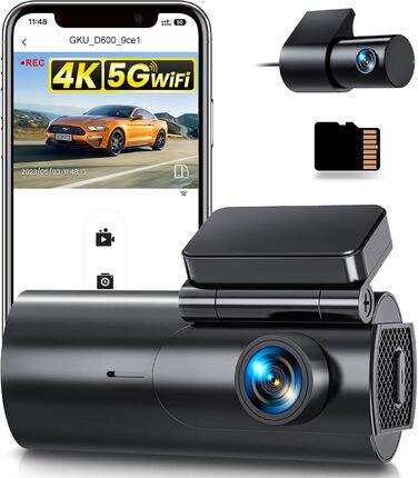 Відеореєстратор GKU Dashcam Auto: 4K+1080P, WiFi 2.4/5GHz, SD 64GB, Паркувальний режим, Нічне бачення, WDR, 170° Кут огляду, G-сенсор, Циклічна запис, Керування через APP, Чорний