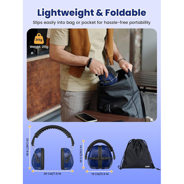 Навушники для захисту від шуму Dr.meter SNR 31dB, капсульні, регульовані, комфортні для дорослих, складаються, для будівельних робіт, саду та городу (темно-синій)