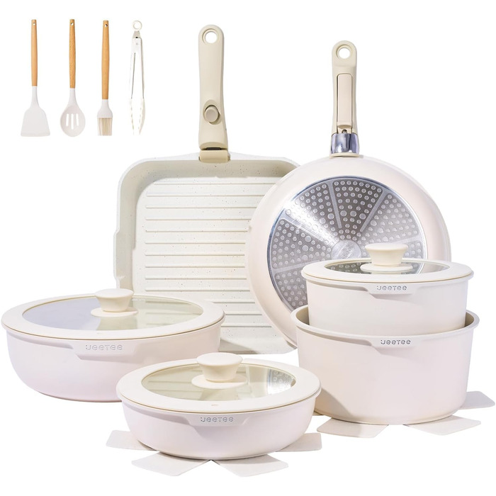 JEETEE Cookware Set, 4-Piece, 20/28 cm Frying Pan, With Detachable Handle, Granit Ceramic Non-Stick Cookware Set, Stackable Induction Pots Set, Suitable for All Cooktops, Oven Safe
