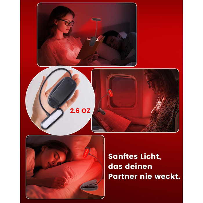 Ліхтарик для читання з червоним світлом 670 нм, кліпса на книгу, з функцією пам'яті, димування та USB-зарядкою. Без синього світла, портативний, для ліжка та захисту очей.