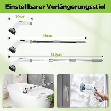 WORKPRO Електрична щітка для прибирання з індикатором потужності, 8 в 1, обертова щітка-скребок, 8 насадок, телескопічна ручка 30-120 см, 3 швидкості, для ванної кімнати та кухні