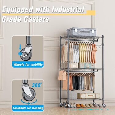 Double Clothes Rack/Garment Rod with Adjustable Shelves, Heavy-Duty Clothes Rack with 2 Hooks, Clothes Rack with Wheels, 90 * 42 * 205cm, White (Gray, 60*42*205cm)