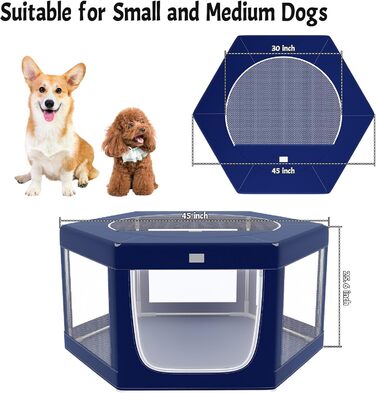 Клітка для собак шестигранна, 114 см, з м'якою обшивкою з 600D Oxford, стабільна конструкція з нержавіючої сталі, 65,6 см у висоту, для малих та середніх собак, блакитна