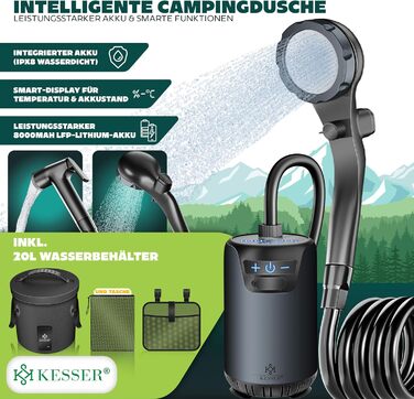 Сонячний душ KESSER® з насосом та акумулятором 8000mAh, 20л, комплект | Душ для кемпінгу з регульованим душем, шлангом 2м, пістолетом-розпилювачем та кріпленням