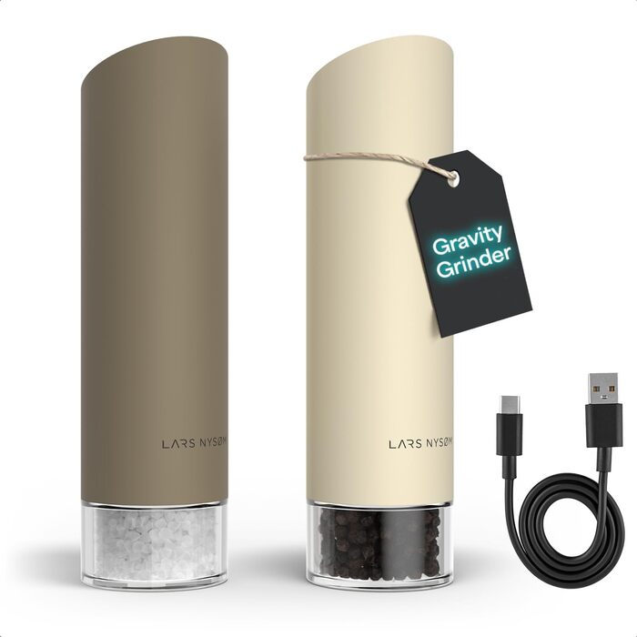 Електричні млини для солі та перцю LARS NYSØM Gravity Grinder - Набір з двох млинців, USB-C, регулювання помелу, для кухні, бежевий/тауп