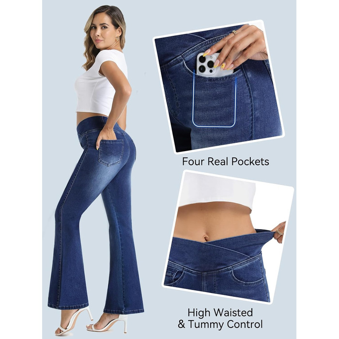 Джинси жіночі Bootcut з високою посадкою VX VONXURY темно-сині, еластичні, з кишенями, для повсякденного носіння та офісу (довжина 31/29)