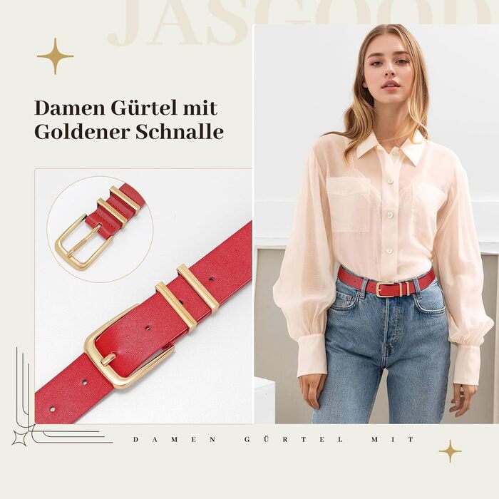 Жіночий шкіряний ремінь JasGood з золотою пряжкою для джинсів, штанів, суконь - червоний колір, розмір S (65-75 см)
