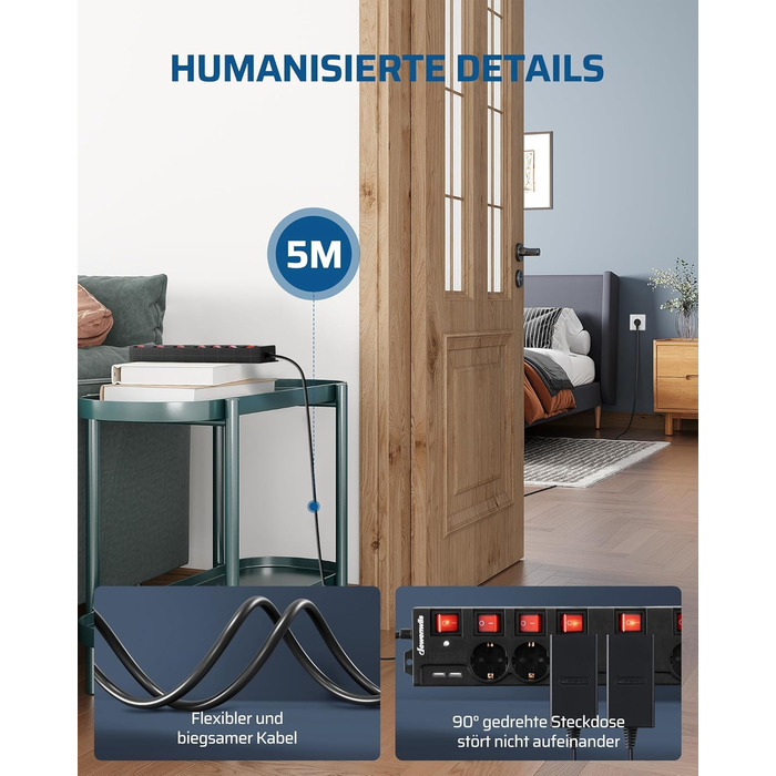 Мережевий фільтр DEWENWILS з індивідуальним керуванням, 6 розеток з 2 USB, настінний, 3680W/16A, захист від перенапруги, захист від дітей, кут 90°, кабель 5м, чорний