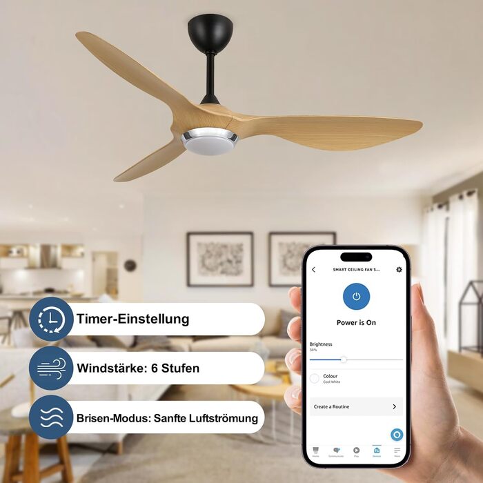 Стеляний вентилятор Reiga з підсвіткою та пультом керування, діаметр 132 см, тихий реверсивний мотор, 6 швидкостей, таймер, регульована яскравість та 3 колірні температури, коричневі лопаті