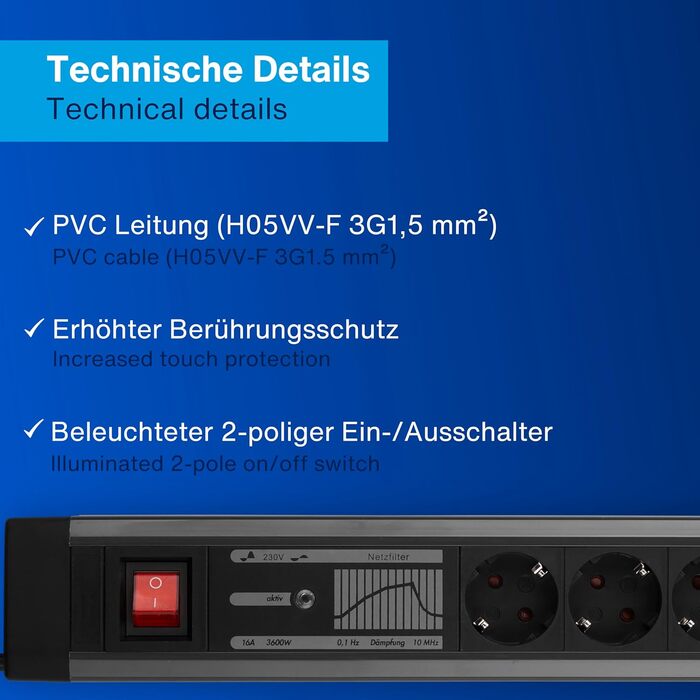 Многофункціональна мережева стрічка REV SupraGuard з вимикачем, 2.5м кабелю, захистом від перенапруги та фільтром живлення (чорно-антрацитова, 4+2 розетки)