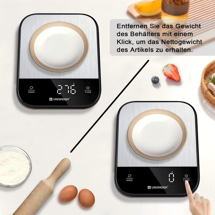 Кухонні ваги UNIWEIGH: цифрова вага для продуктів, грам/унція, випічка, приготування їжі, LED дисплей, функція тарування, нержавіюча сталь, чорний колір