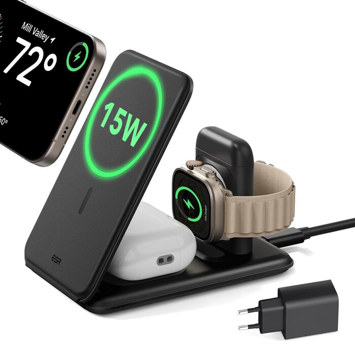 Зарядний станція 3-в-1 ESR для Apple Watch та iPhone з MagSafe, чорна (15W)