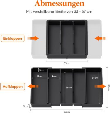 Органайзер для столових приборів Lifewit в шухляду, розширюваний 33-57 см, чорний, пластик, 38х5х38 см