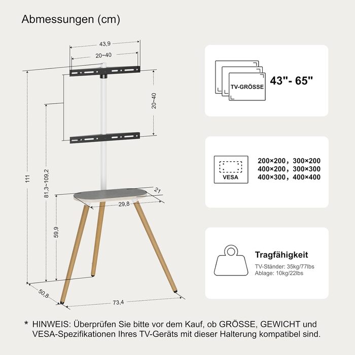 ECOTINY Adjustable TV Stand for 40-65 inch LCD LED OLED TVs - Portable Wood TV Stand with Wood Tray, VESA 400x400, Up to 35kg, Black Walnut & White