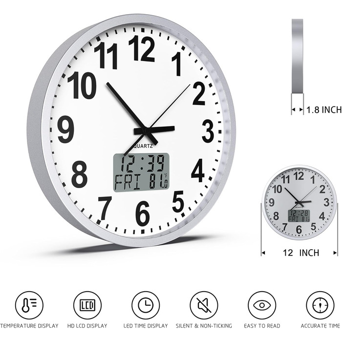 KWANWA Modern Wall Clock • Silent Operation (No Ticking) • Digital LCD/LED Display • Calendar & Temperature • Battery Powered • 30.5cm • 12-Hour Format, Perfect for Kitchen, Bedroom & Office