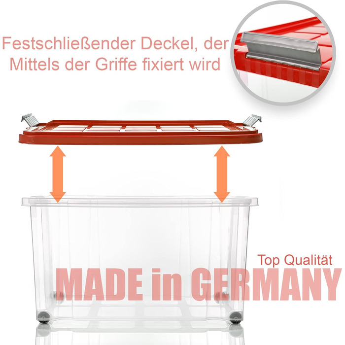 BigDean 4-Piece 60L Storage Box with Lid Large Steel - Stackable, Robust Box, BPA-Free - Rollable Stack Box with Secure Click Closures - Made in Germany (Red Transparent)