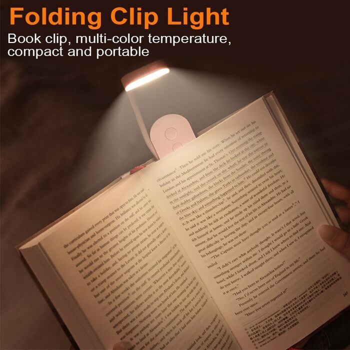 LED лампа для читання з кліпсою, USB перезаряджувана, 3 режими яскравості та колірної температури, гнучка на 360°, біла
