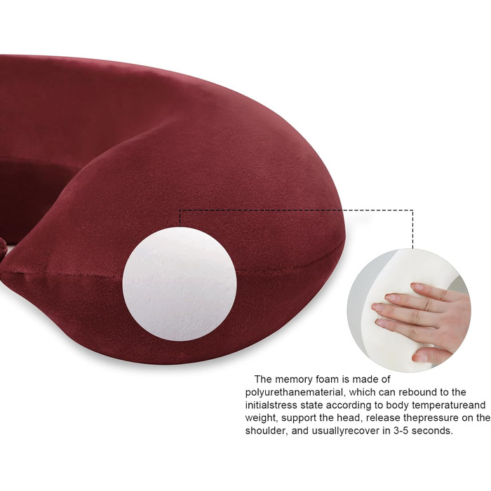 Подушка для шиї з Memory Foam, зручна для подорожей, U-подібна форма, підтримка шиї та голови, зменшує втому, портативна, для літаків, поїздів, авто (темно-червоний)
