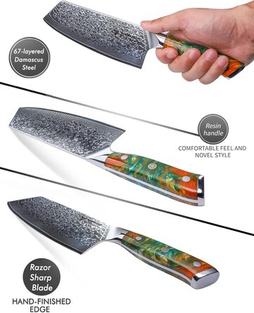 Японський ніж Nakiri Sanmuzuo Xuan Serie 19 см, Дамаск, VG10 сталь, ручка з гірської смоли (Dream Orange)