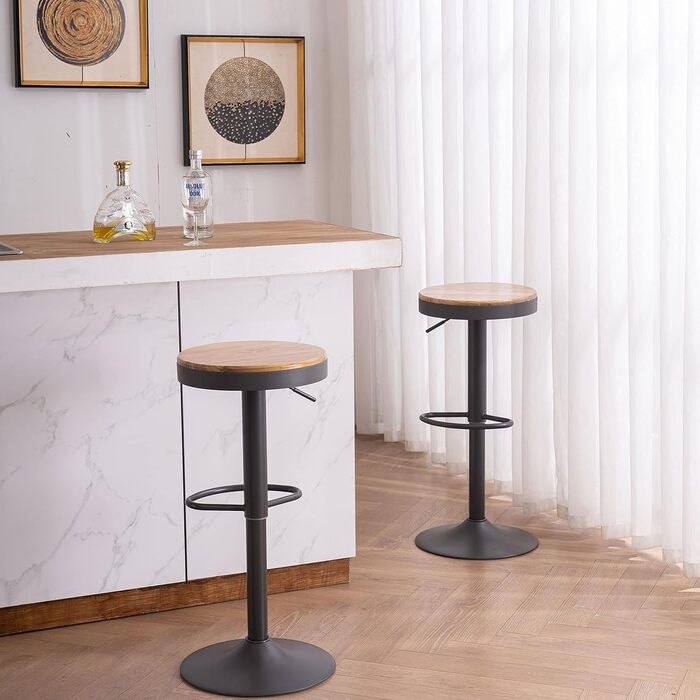 Kidol Adjustable Height Wooden Bar Stool with 360° Swivel - Industrial Modern Design for Kitchen Counter (Grey Wood)