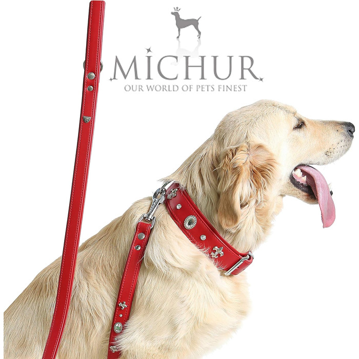 Julieta Leine, leather dog leash, leather lead for dogs, MATCHES Julieta collar, Red, leather, with lilies, rhinestones, and a large crystal