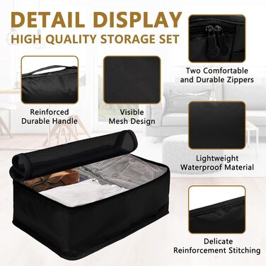 Органайзер для валізи 12 шт. - комплект водонепроникних кубиків для подорожей, сімейних поїздок та зберігання вдома (Чорний, 7 кубиків + 1 кабінна сумка 20л)