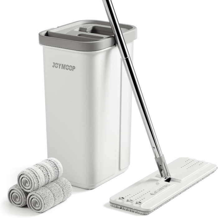 JOYMOOP Mop and Bucket Set with Wringer, Hands-Free Flat Mop and Bucket, with 3 Washable Microfiber Pads, Wet and Dry Use, Floor Cleaning System