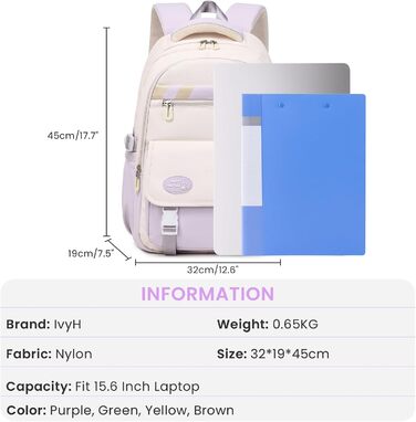 Шкільний рюкзак IvyH для підлітків, великий водонепроникний, для дівчаток та хлопчиків 3-9 класів, підходить для старшої школи, коледжу та подорожей, зелений світло-зелений (фіолетовий)