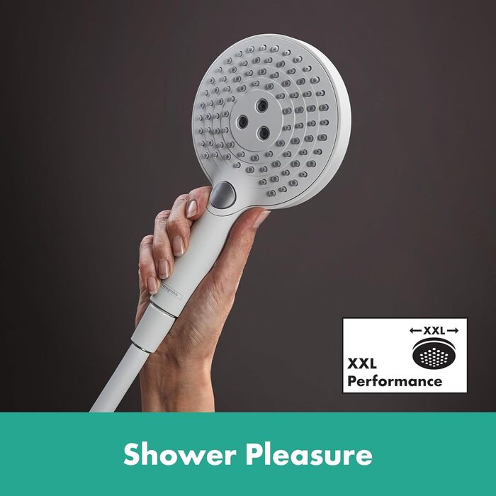 hansgrohe Raindance Select S - water-saving showerhead 9 l/min (EcoSmart), handheld shower with 3 spray patterns, round shower head (⌀ 120 mm), water-saving showerhead with anti-limescale function, (with PowderRain spray, Mattwhite, 3 spray patterns including PowderRain)
