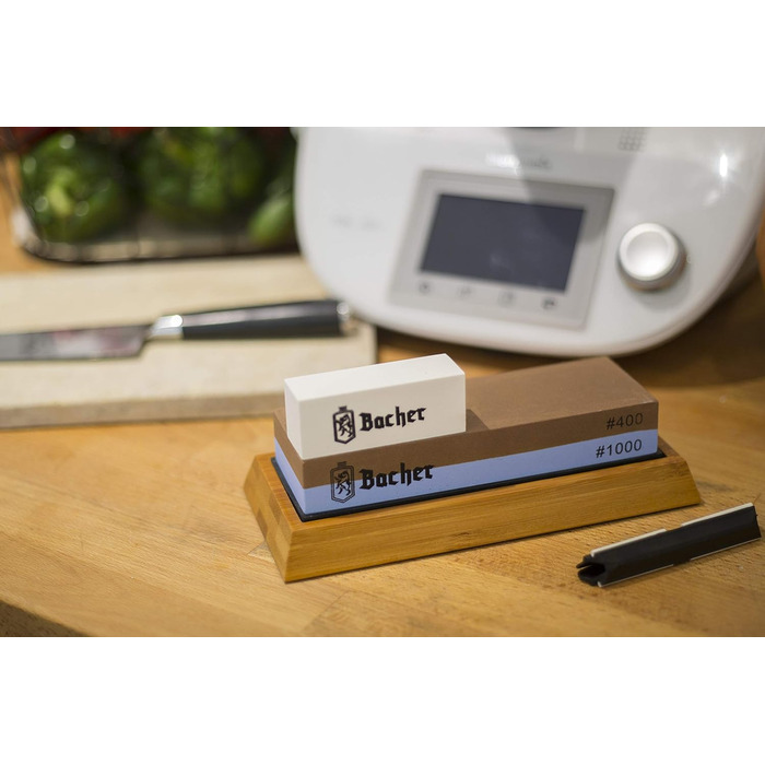 Преміум точильний камінь Bacher Schleifstein, двосторонній, зернистість 400/1000. Точило для ножів з бамбуковою підставкою, точильний камінь, допомога у заточуванні та детальна інструкція.
