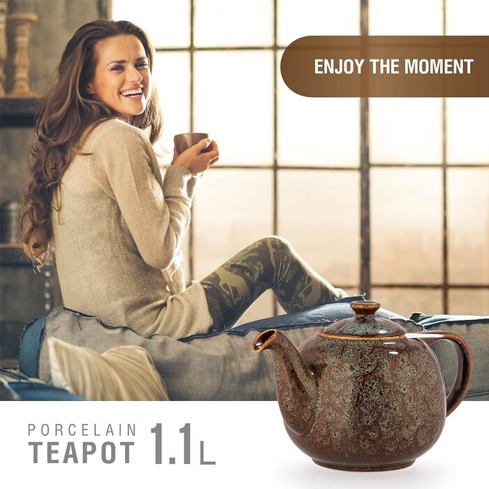 Teapot with infuser, Swansea Sea Green 1.1 L with filter, made of porcelain by URBAN LIFESTYLE, a drip-free teapot. Teapot with infuser, porcelain