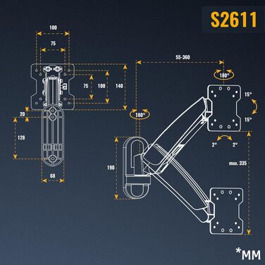 Настінний кронштейн для монітора RICOO S2611 з газліфтом, для екранів 13-34 дюймів, VESA 75x75 / 100x100 мм, регульований за висотою, нахилом та поворотом