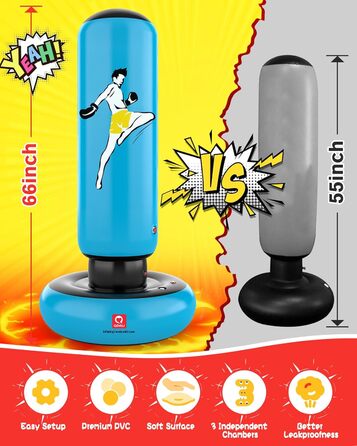 Дитячий боксерський мішок QPAU з рукавичками, надувний, 168 см, для хлопчиків та дівчаток 6-12 років, блакитний
